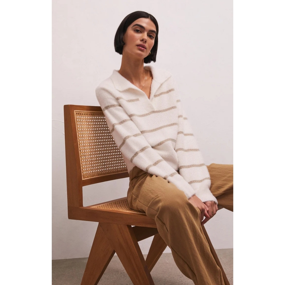 Monique Collared V-Neck Striped Sweater in White & Tan Women's Size S